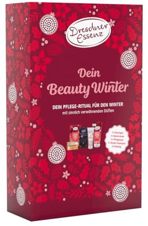 Dresdner Essenz Set Dein Beauty Winter | Geschenkset für Frauen | Set aus Duschgel, Handcreme, Badesalz, Festes Shampoo und Zucker-Öl-Peeling | Beauty Produkte zum Verwöhnen | Geschenkidee