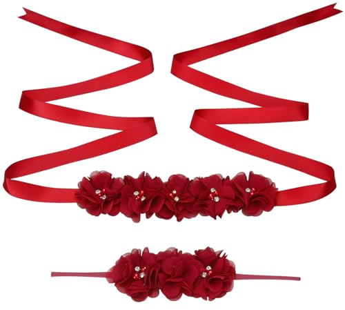 BrightGlow Blumengürtel Stirnband Set Schwangerschaftsschärpe Hochzeitskleid Gürtel Perlen Strass Baby Shower Schärpe Gürtel Fashion Damen Blume Hochzeit Gürte Stirnband Kleid Gürtel Set