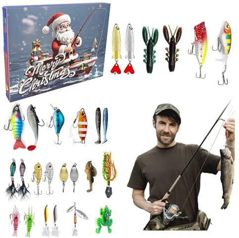Angel Adventskalender 2025, Adventskalender Angeln Fischen 2025, Angelgerät Weihnachtskalender Köder Set, 2024 Deluxe Raubfisch Angler Angler für 24 Tage (Angel Adventskalende)