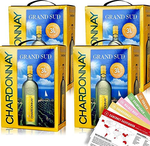 Grand Sud Chardonnay, trocken, Bag-in-Box, sortenreines Weinpaket + VINOX Winecards (4x3,0l)