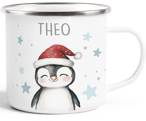 SpecialMe® Kinder-Tasse mit Namen Emaille Namenstasse Weihnachten Tiermotive personalisierte Geschenke Kinder Trinkbecher emaille-weiss-silber standard