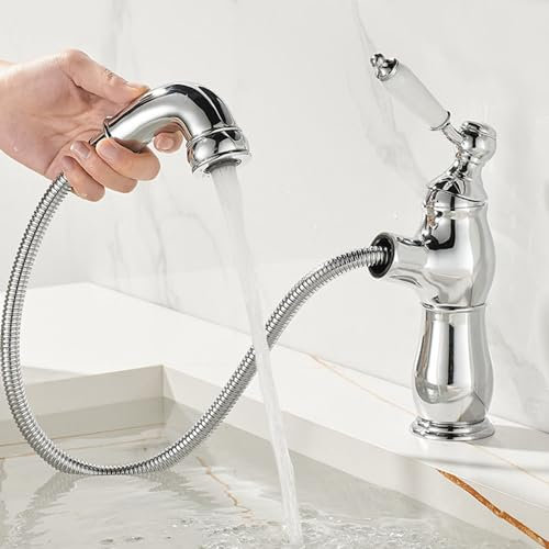 Wasserhahn Waschbecken für Badezimmer Waschtischarmatur Badarmaturen Vintage Wasserhahn Bad für Waschbecken Einhebel Badarmaturen mit ausziehbarer Brause Heiß und Kalt Chrom