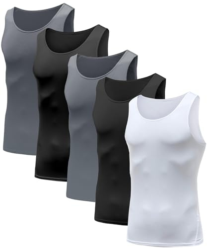 HIBETY Ärmelloses Kompressions-Tanktop für Herren, Baselayer, kühles und trockenes Kompressions-Shirt, Muskeltraining, 3 oder 5 Stück, 5er-Pack (weiß/schwarz/schwarz/grau), XL