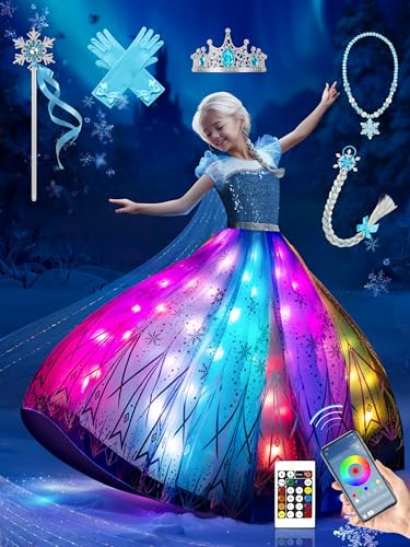 BLINGCOS Deguisement Fille, Robe Princesse Sync avec Rythme de Musique, Contrôlable par APP, Robe Lumineuse LED RGB Kit de Fête avec 6 Accessoires pour Halloween, Noël, Carnaval, 7-8 Ans