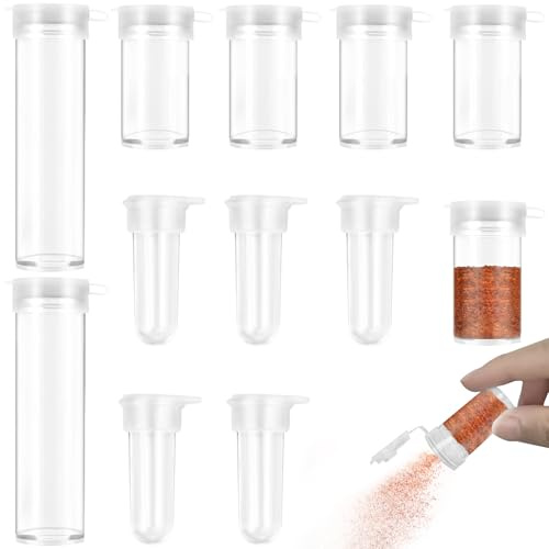 12 Stk Mini Salzstreuer für Unterwegs, 3g, 5g, 10g Salz und Pfefferstreuer Klein, Gewürzstreuer Plastik mit Deckel, Transparente Plastik Salzstreuer, Tragebare Pfeffermühle Klein für Unterwegs Camping