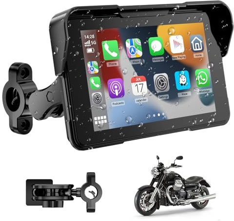 Ecran Carplay Moto avec Carplay & Android Auto, 5 Pouces Portable GPS Moto Etanche, Support Musique Bluetooth, Navigation, Siri/G00gle Assistant, Support Magnétique - Facile Installer et Démonter