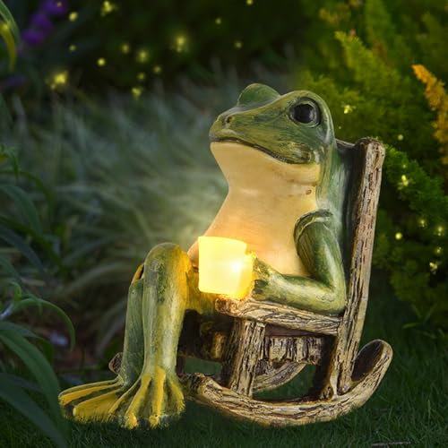Figuras decorativas de rana para jardín, decoración de jardín con forma de rana solar, pompas de jabón, decoración de jardín para exteriores, estatua de rana de resina con luz LED, figura de jardín