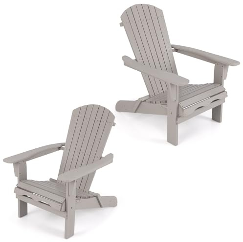 KOMFOTTEU Hopfällbar Adirondack, trädgårdsstol i granträ med ryggstöd och armstöd, ergonomisk utomhusfåtölj för uteplats, terrass, balkong, veranda, belastning 180 kg (grå*2)