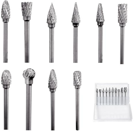 10pcs 1/8 Tungsten Carbide Steel Double Cut Drill Bit, Die Grinder Bits Grinding For Wood Stone Carving Cutting Engraving Rotary Burr, Tungsten Air Accessories Tool Grinder Kit Attachmen