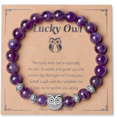 AWARDSEN Graduation Gifts for Women, Owl Amethyst Crystal Bracelet 8mm, Stress Relief & Wisdom Inspiration, Meaningful Thoughtful Mindfulness Gift for Teachers & Graduates