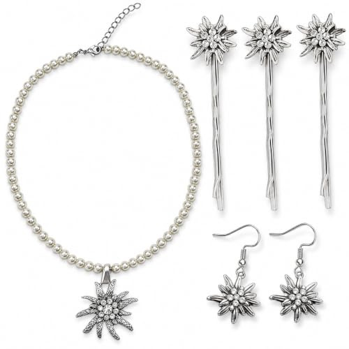 Trachtenschmuck Damen Set - Perlenkette, Edelweiß-Ohrringe & 3 Haarspangen | Edles Dirndl Schmuck Set Aus Legierung Für Dirndl Damen, Oktoberfest Damen Outfit, Oktoberfest Accessoires, Dirndl Kette