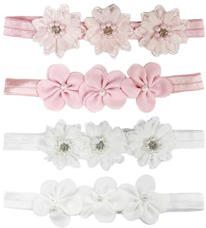 4 stycken babypannband, söta babyhårsmycken, spetsblomhårband, babytillbehör för flickor, babyfotostöd (vit, rosa)