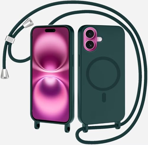 SLWYF Magnetische Handykette für iPhone 17 Hülle mit Band, Handyhülle Kompatibel mit MagSafe, Silikon Seil Necklace Handyhülle PU Stoßfest mit Abnehmbar Kordel zum Umhängen Case - Dunkelgrün