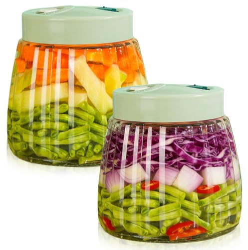 2 Stück Fermentierglas, 1L Fermentiergläser mit Doppelventil, Luftdichte Einmachgläser aus bleifreiem Glas, Fermentation Jar zum Gären von Kimchi, Sauerkraut, Sauerkraut, Marmelade, Nüsse, Honig
