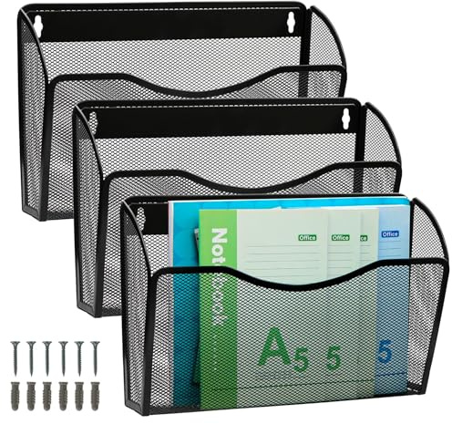 TQVAI 3 Taschen Metall Dokumenten Organizer Zeitschriftenhalter Wand Papier A4 Flyerhalter Postsortierer für Büro Zuhause Schule, Schwarz