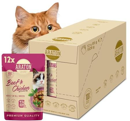 ARATON Katzen-Nassfutter, Rind und Huhn, 93% tierisches Protein, 12 x 85 g | Unterstützt Muskeln & tägliche Energie, Fleischstückchen in Sauce, mit Kräutern, Taurin & Vitamine, 12 Beutel