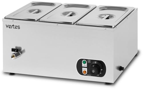 VERTES Serbatoio termico a buffet, per alimenti, elettrico, 1500 W, in acciaio inox (incl. 3 contenitori da 1/3 GN con coperchio per 3 x 6 l, rubinetto di scarico, bagno d'acqua Bain Marie
