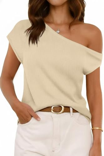 ROFUSSO Womens Off The Shoulder Tops Summer Short Sleeve Tops Casual Loose Knit Pullover Lightweight Tee Shirts(Khaki,M)