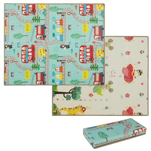 COSTWAY Foldable Baby Play Mat, Reversible Non-Slip Foam Playmat, Waterproof Thick Floor Crawling Mats for Babies Toddlers (Car+Animals, 178x148cm)