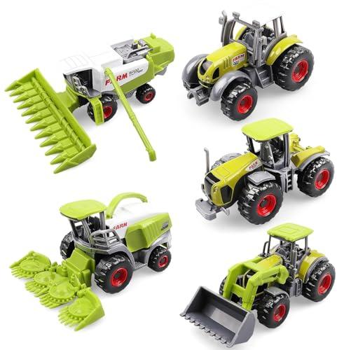 5 Pack Diecast Farm Tractor Toys, Mini Farm Vehicle Set with Combine Harvester, Forage Harvester and Trucks, Metal and Plastic Farm Toys for Kids Boys Girls Ages 3+