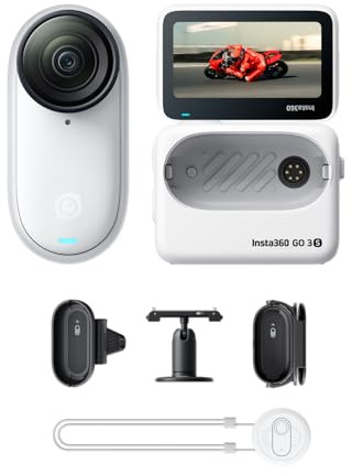 Insta360 GO 3S Bianco Artico (128GB) Pack POV Moto- Cam 4K per vlogging, POV a mani libere, montaggio magnetico, stabilizzazione, 140 minuti di autonomia, impermeabilità fino a 10 m, editing IA