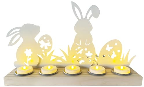 Jonuin Tealight Holder for Easter Decorations, Easter Bunny Silhouette Light with Wooden Base, Table Centre Piece Decoration, Tea Light Candle Holder with 5 LED Candles for Easter Party Home Decor