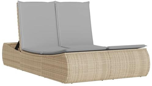 WGYHOME Beige dubbel solstol av PE-rotting med justerbart ryggstöd och tvättbar kudde – för trädgård, terrass eller balkong