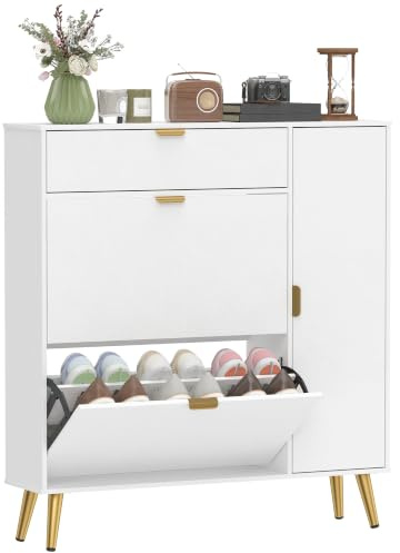 HOMCOM Meuble à Chaussures 12 Paires 2 Tiroirs 99,4x23,8x106,6cm Blanc | Armoire à Chaussures Étroite, 4 Compartiments, Étagères Réglables, Façade Imitation Cuir, pour Couloir et Entrée