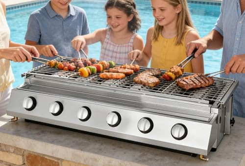 Commercial Barbecue Grill, 6/8 Burners LPG Tabletop Gas Grill, Stainless Steel with Griddle and Independent Ignition for Restaurants and Outdoor Camping A