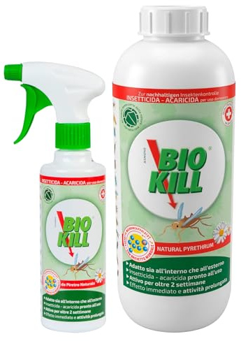 Bio Kill Insetticida Spray da Piretro Naturale Kit per Esterni e Interni | per Cimici Acari Blatte Tarli Zanzare Formiche Termiti Tafani Mosche Pulci Zecche Flacone da 375ml + Ricarica da 1L