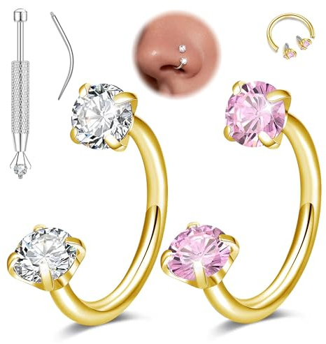 Maynor 2PCS Hufeisen Nasenring Set Damen, Nasenpiercing Ring mit CZ Stein 18G/20G Chirurgenstahl Piercing Schmuck für Nase, Helix, Tragus, Lippe (6–8 mm, Gold/Silber) inkl. Werkzeug