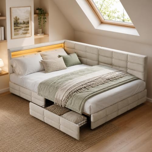 DULRLLY Dubbelsäng 140 x 190 cm med lådor, LED och USB-laddare | Dubbelsäng med låda, vadderad sänggavel, hörnsängsram för barn, tonåringar, gäster