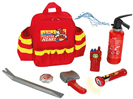 Theo Klein 8900 Zaino dei Pompieri Fire Fighter Henry, con Torcia Tascabile a batterie, estintore e Molto Altro, Dimensioni: 28 cm x 25 cm x 8,5 cm, Giocattolo per Bambini a Partire dai 3 Anni di età