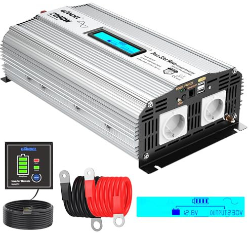 GIANDEL 2000W Reiner Sinus Wechselrichter DC 12V auf AC 230V Spannungswandler Kompatibel mit LiFePO4-Batterie Power Inverter mit 2x2.4A USB und Fernbedienung und LCD-Anzeige für Wohnmobil-LKW