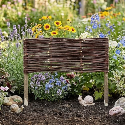 Gartenstecker Weidenzaun 50x20 cm, Beetbegrenzung aus Weide & Holz, Rasenkante, Beetzaun, Beeteinfassung, Staketenzaun