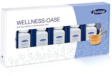 Florage 5x 100ml Saunaaufguss Saunaduft Konzentrat Duftöl Geschenkset - Eukalyptus, Minze, Latschenkiefer, Citrone/Orange, Sauna Gold - auch für Kräuterbäder, Aromaschalen und Thermarien