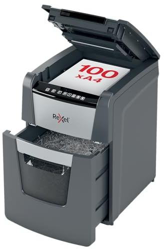 REXEL Optimum Auto Feed+ 100X, Distruggidocumenti Automatico, 100-110 Fogli (80-70 gr/mq), Taglio a frammento, Livello di Sicurezza P-4, per la Casa e per l’Ufficio, Capacità 34 Litri, 2020100XEU