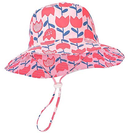 LACOFIA Baby solhatt småbarn pojkar flickor sommar hinkhatt barn brett brätte strandkeps med justerbar hakrem, Rosa blomma, 6-12 Månader