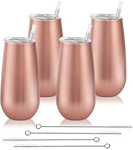 Lot de 4 verres à champagne isothermes sans pied réutilisables avec couvercle, flûte à vin sans pied de 177 ml (or rose)