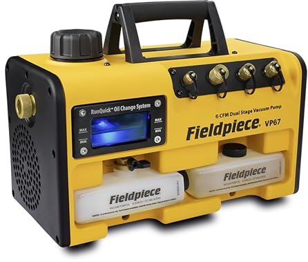 Fieldpiece Pompa per vuoto VP67-6 CFM, motore CC 1/2 HP, sistema di cambio olio RunQuick - Portatile - Strumento HVAC professionale - Compatibile A2L