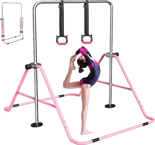 FBSPORT Gymnastics Bar for Kids，Adjustable Height Gymnastic Horizontal Bars,Junior Training Bar Children Folding Training Monkey Bars for Home Using (Pink)
