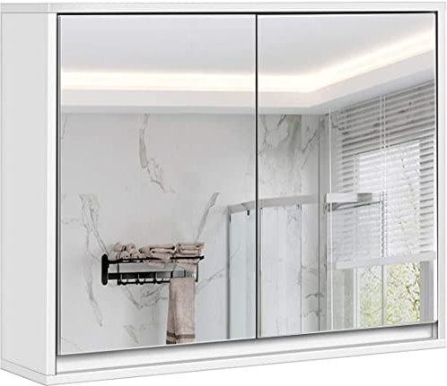 COSTWAY Zweitüriger Spiegelschrank, Zweistöckiger Wandschrank mit Vollem Spiegel für Rasieren & Schminken, Moderner Hängeschrank aus MDF mit Versteckten Griffen für Bad Toilette, 55 x 14 x 45 cm, Weiß