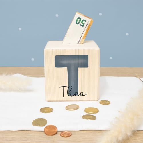 Personalisierte Kinder Spardose mit Namen aus Holz Geschenk Geschenkideen zum Geburtstag zur Einschulung, Taufe, Geburt Sparschwein Motiv Buchstabe für Jungen und Mädchen hellomini (blau)