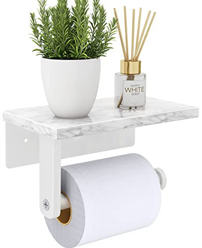Gypie Toilet Paper Holder with Natural Marble Shelf, 304 Stainless Steel Screw Wall Mounted, Tissue Roll Paper Holder Dispenser for Bathroom Washroom White