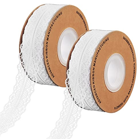 Spetsband vit vintage 2 rullar, RUNEAY 45 meter spetsband vit vintage spetskant för sömnad för bröllop bordsdekoration hantverk presentband kraftpapper (3 cm vit)