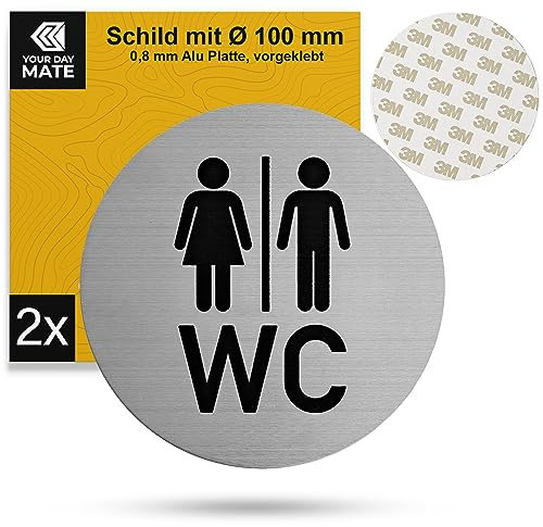 Hinweisschild WC Damen Herren, 2 Stück, Ø 100 mm, Design 1, 0,8 mm starkes Aluminium Schild, Schild zum Kleben, Toilette Türschild für Innen- und Außenbereich, Gäste WC Toilettenschild, Toilet Sign