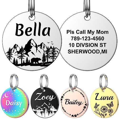 Hundemarke mit Gravur, YEHANTI Dog Tag Personalisiert mit Name, Telefonnummer und Verschiedene Muster für Hunde Katzen, Rund Edelstahl Adressanhänger Marke für Hundehalsband (Groß, Silber)