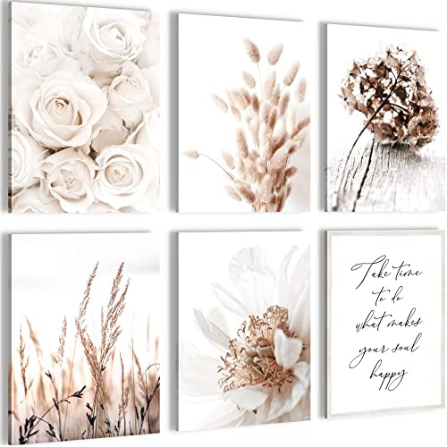 Novart Wandbilder - KEIN EXTRA RAHMEN BENÖTIGT - Wohnzimmer Schlafzimmer - Bilder Modern Boho Blumen - Beige - N023265a
