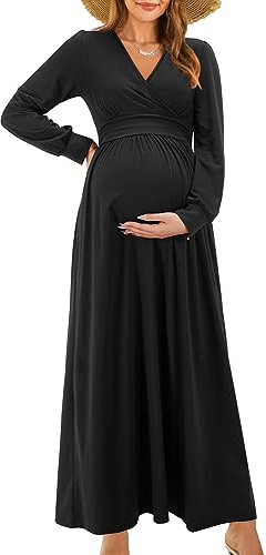OUGES Women's 2025 Fashion Long Sleeve V Neck Maxi Dress with Pockets Maternity Clothes Nursing Dresses-L Black
