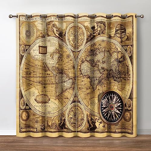 Jekeno Verdunkelungsvorhänge mit Weltkarte, rustikaler Vintage-Stil, nautisches Bauernhaus, Retro, mittelalterliches Thema, Fenstervorhänge für Schlafzimmer, Wohnzimmer, 132 cm breit, 160 cm lang, 2